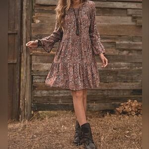 New Boho Floral Mini Dress Tiered Ruffle Mini PLUS Brown Burgundy White